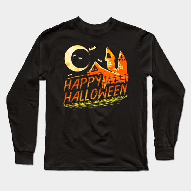 Haunted House Moon Bats Logo For Happy Halloween Long Sleeve T-Shirt by SinBle